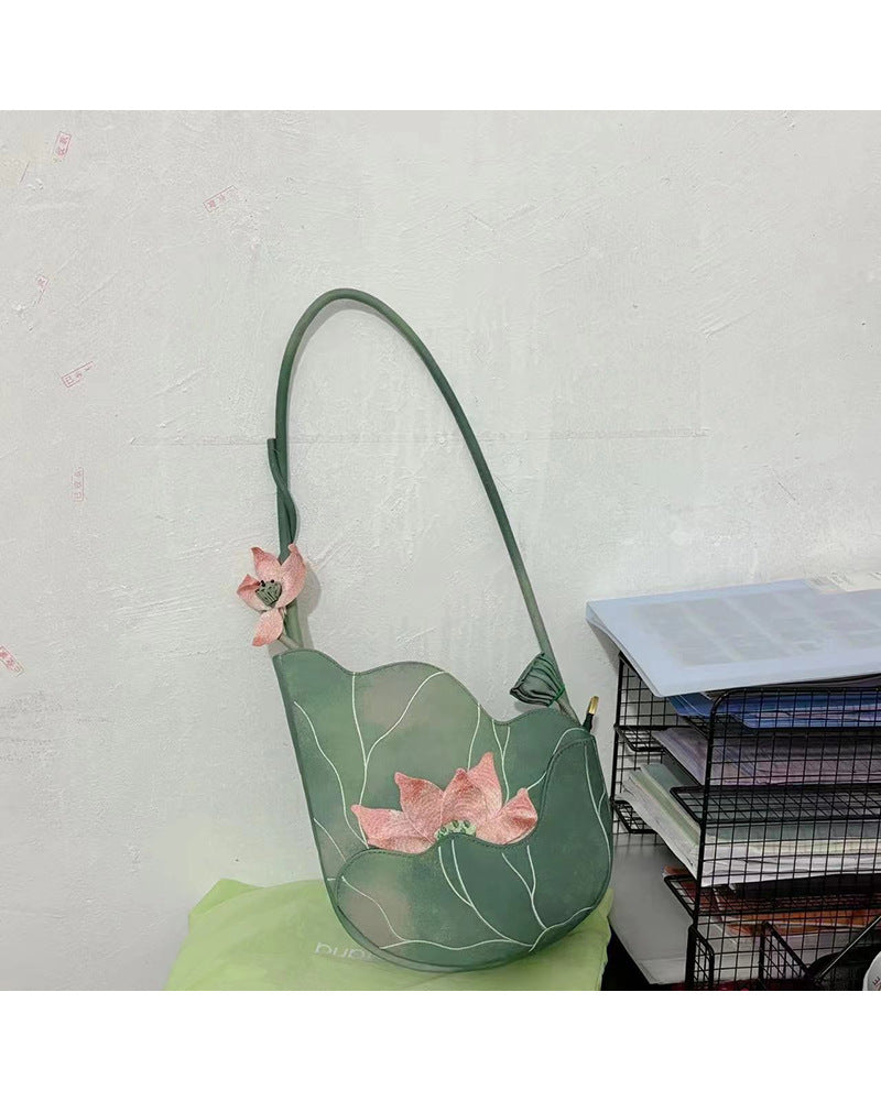 Lotus Chinese Style Handmade Embroidery Artistic Cheongsam Elegant Portable Women's Shoulder Bag