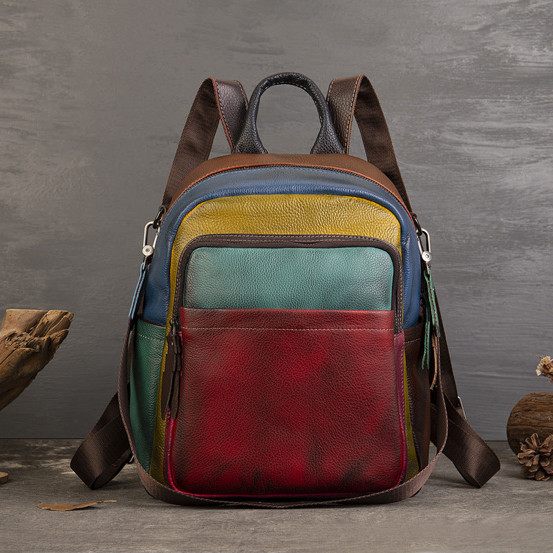 Women's Spring Leather Colored Mosaic Design Sense Large Capacity Backpacks
