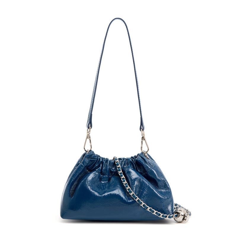 Balls Chain Pleated Cloud Portable Underarm Black Leather Design Sense Women's Messenger Bag