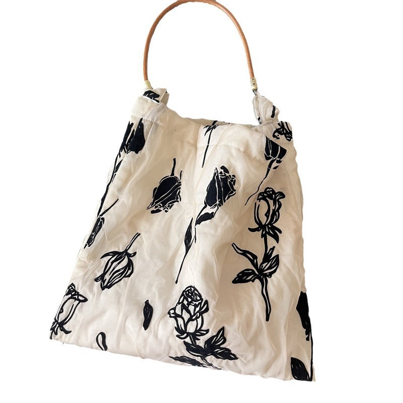 Retro Cotton Veet Rose Cowhide String Underarm Niche Women's Shoulder Bag