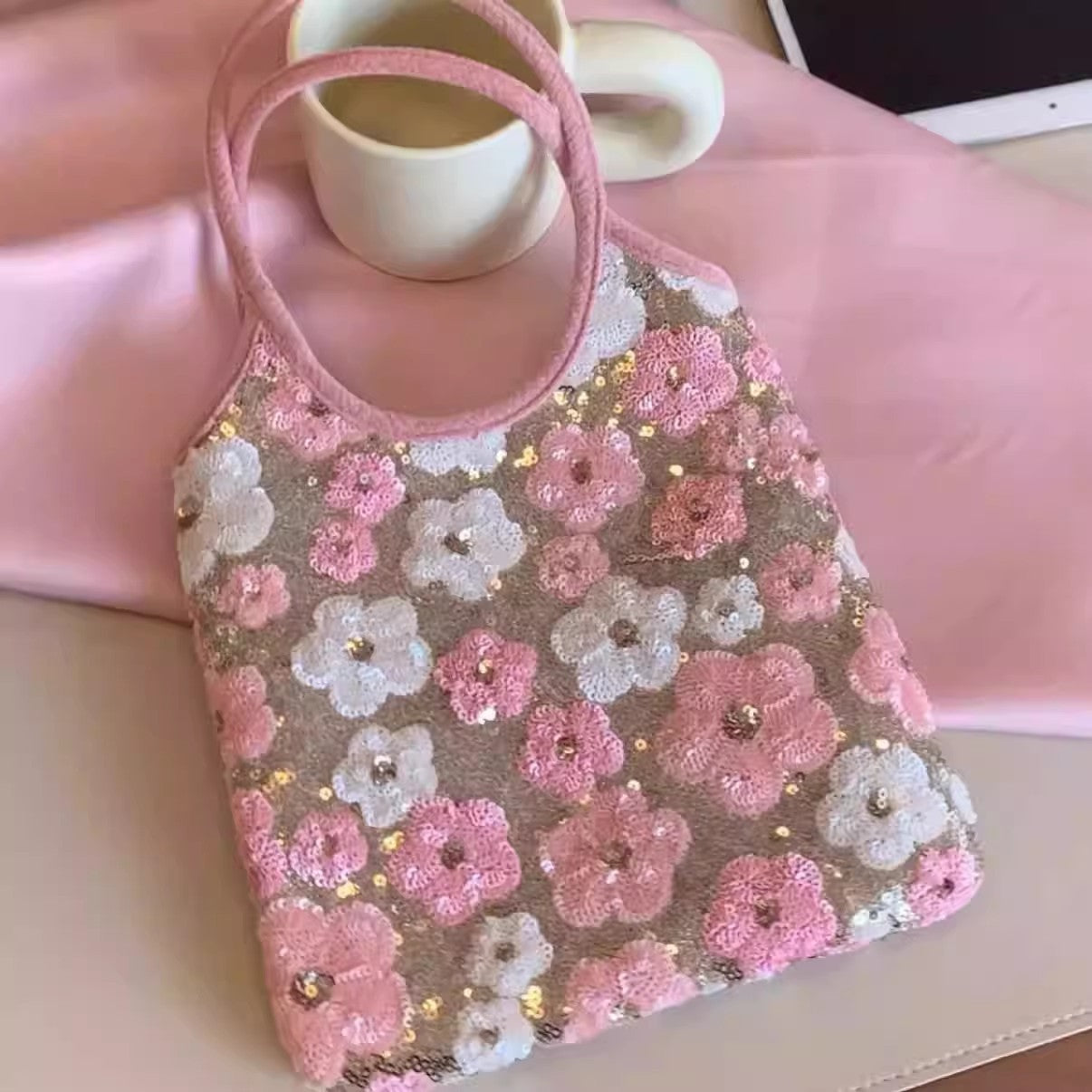 Women's Pink Embroidered Sequins Flower Gentle Sweet Bags