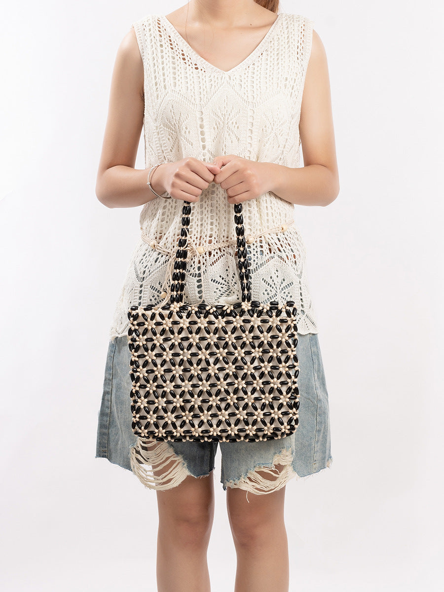 Women's With Wooden Beads Decoration Contrast Color Beaded Handmade Women's Shoulder Bag