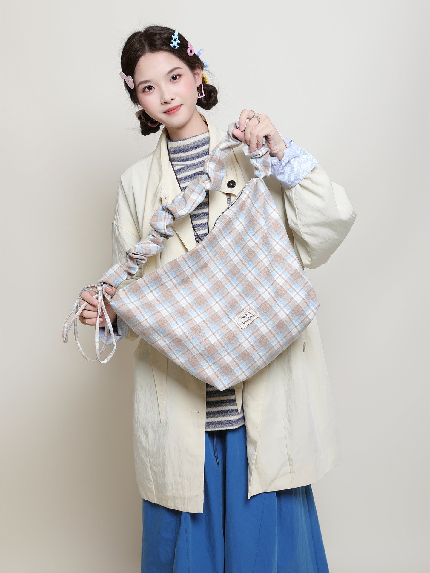 Women's Checked Canvas Korean Style Atmosphere Large Capacity Women's Messenger Bag