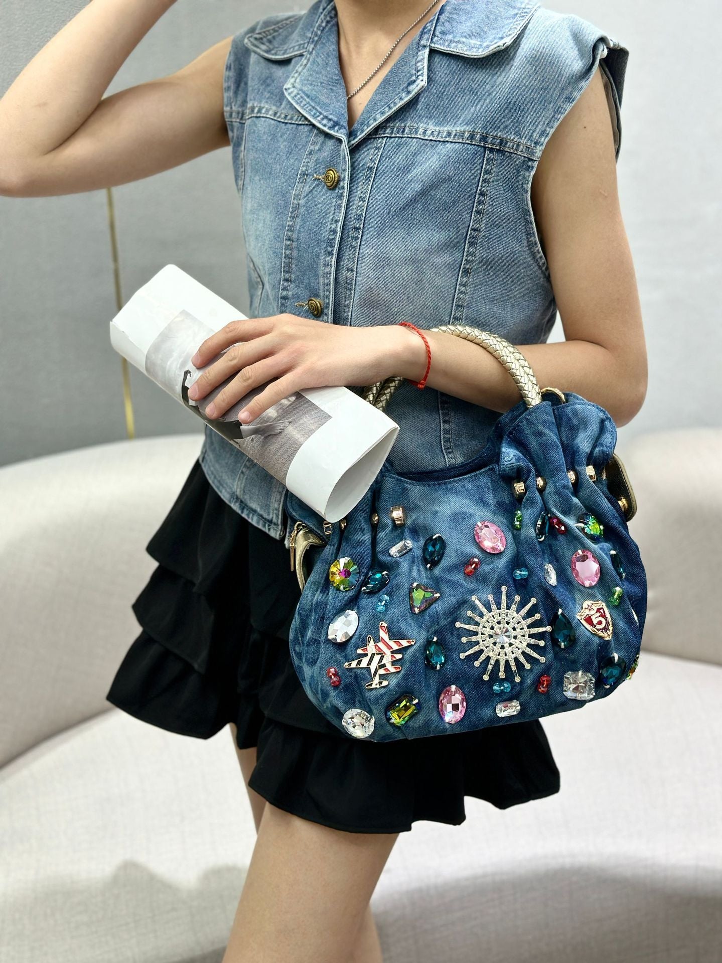 Women's Style Rhinestone Fashion Jean Diamond Dumpling Women's Handbag