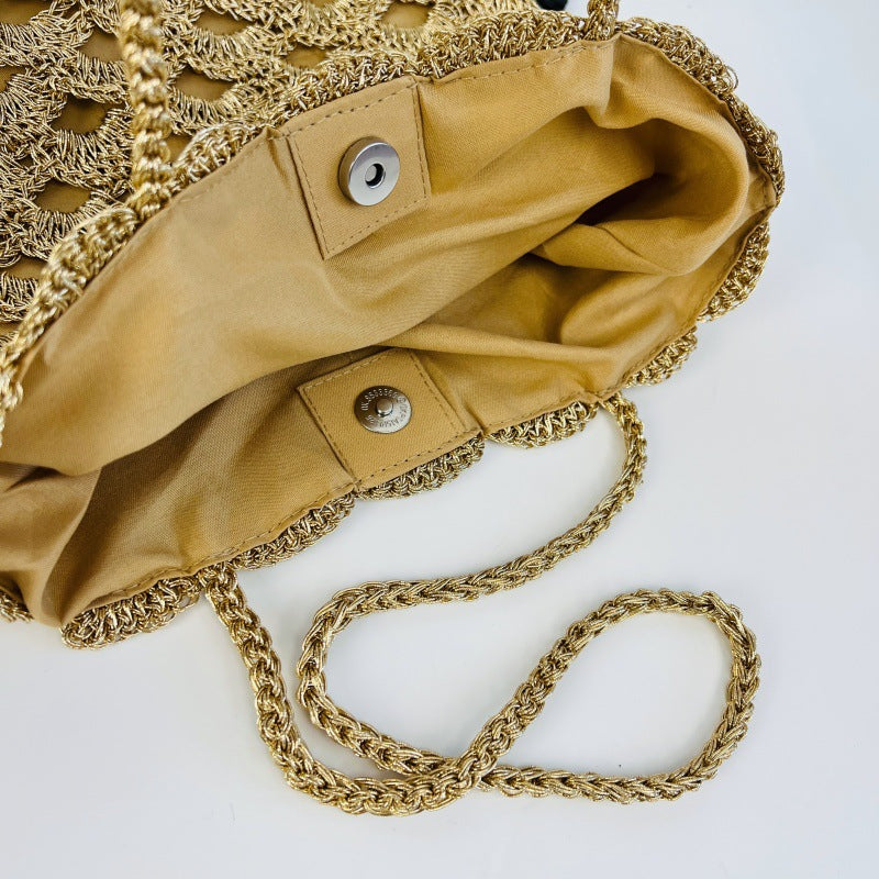 Women's Gold Sier Hollow Straw Woven Handmade Wave Pattern Women's Shoulder Bag