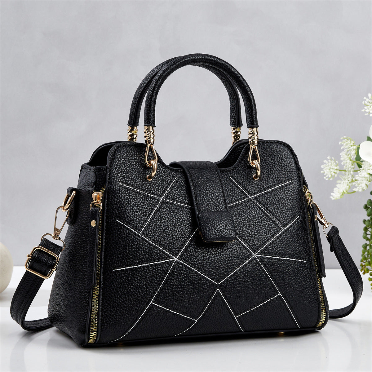 Elegant Mother Geometric Line Pressing Design Litchi Pattern Women's Handbag