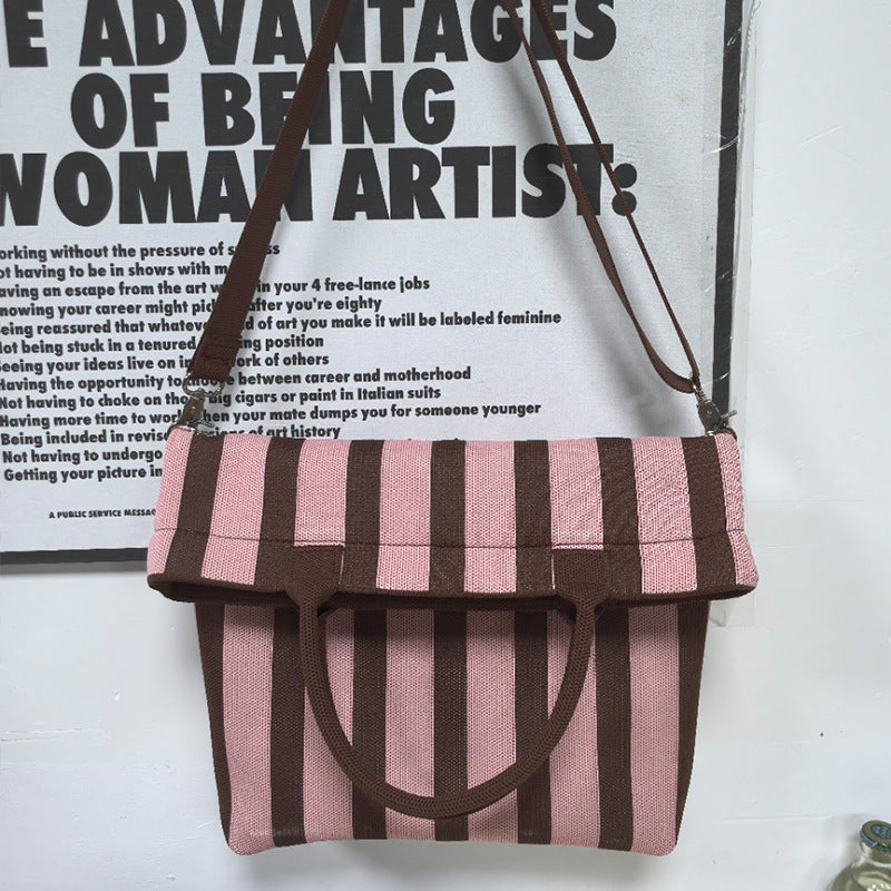 Women's Striped Stitching Flip Detachable Strap Large Capacity Leisure Women's Handbag