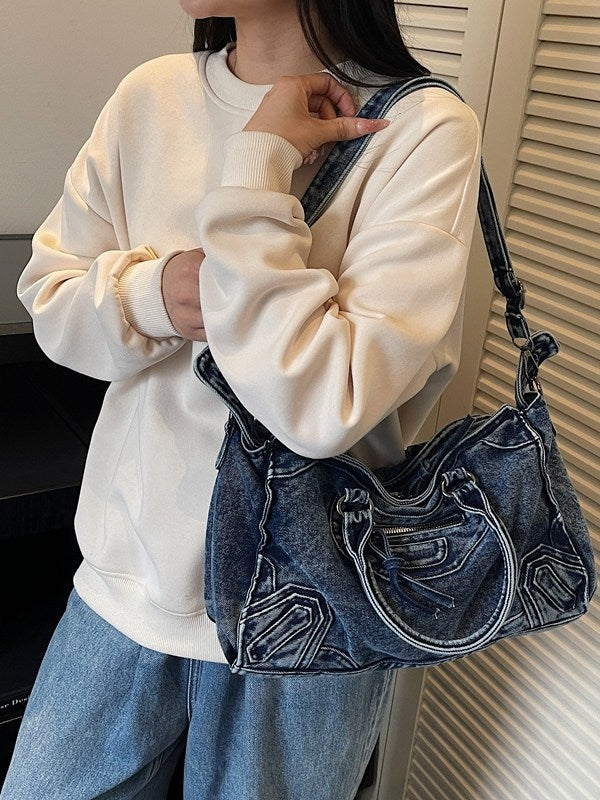 Women's Denim Motorcycle Niche Large Capacity Portable Distressed Texture Sweet Women's Handbag