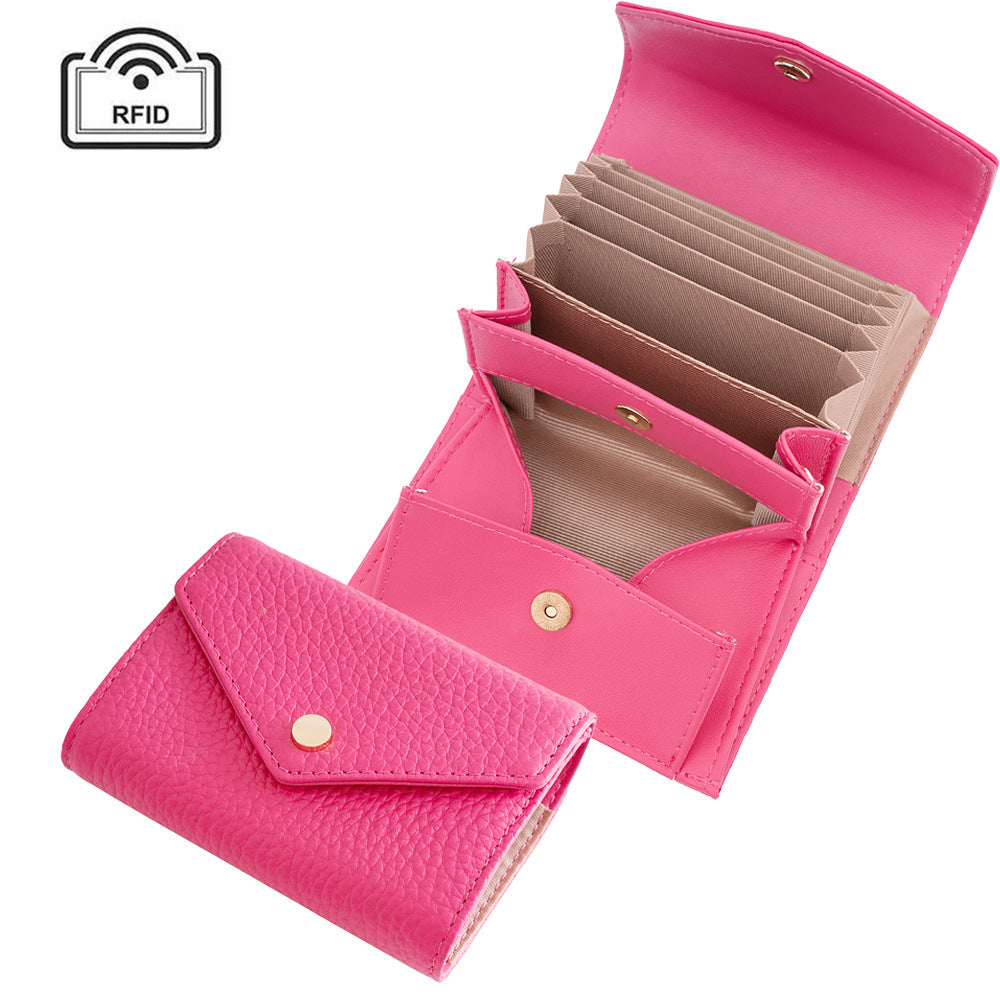 Women's Leather Swiping Multiple Slots Expanding Short Top Layer Cowhide Ladies Wallet