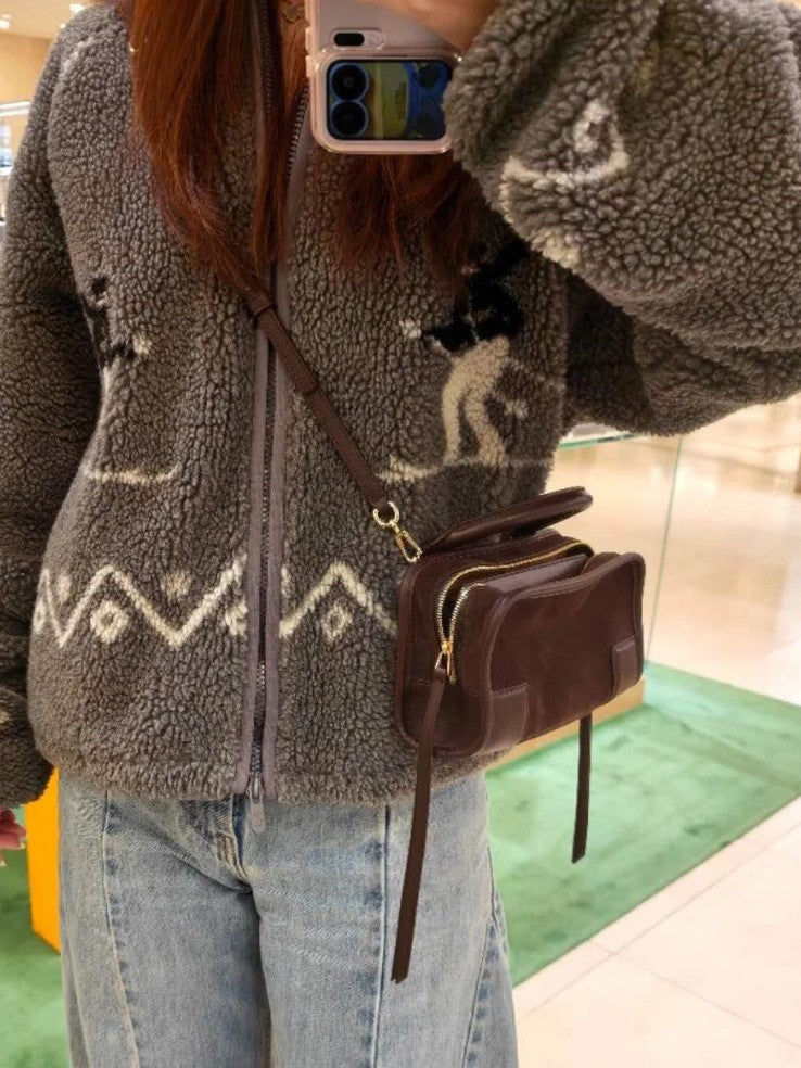 Women's Cowhide Suede Stitching Large Capacity Genuine Handbags