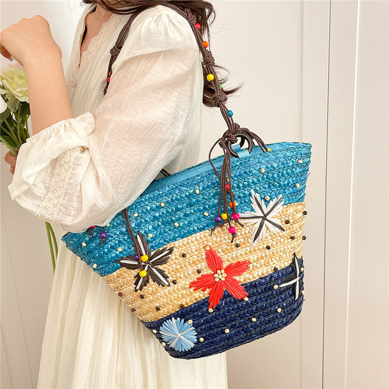 Women's Contrast Color Straw Beaded Weave Seaside Women's Shoulder Bag