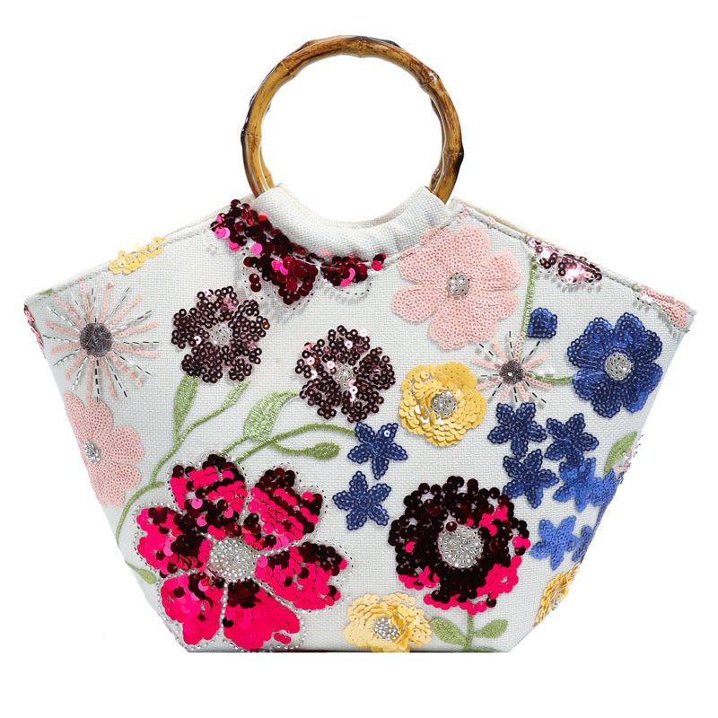 Women's Chinese Style Bamboo Joint Mesh Embroidered Sequins Applique Vacation Hand Tote Bag