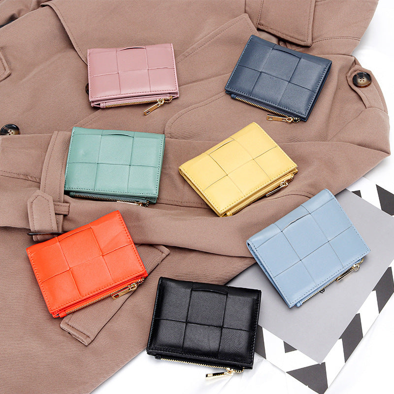 Women's Sheepskin Short Style Design Woven Leather Ladies Wallet