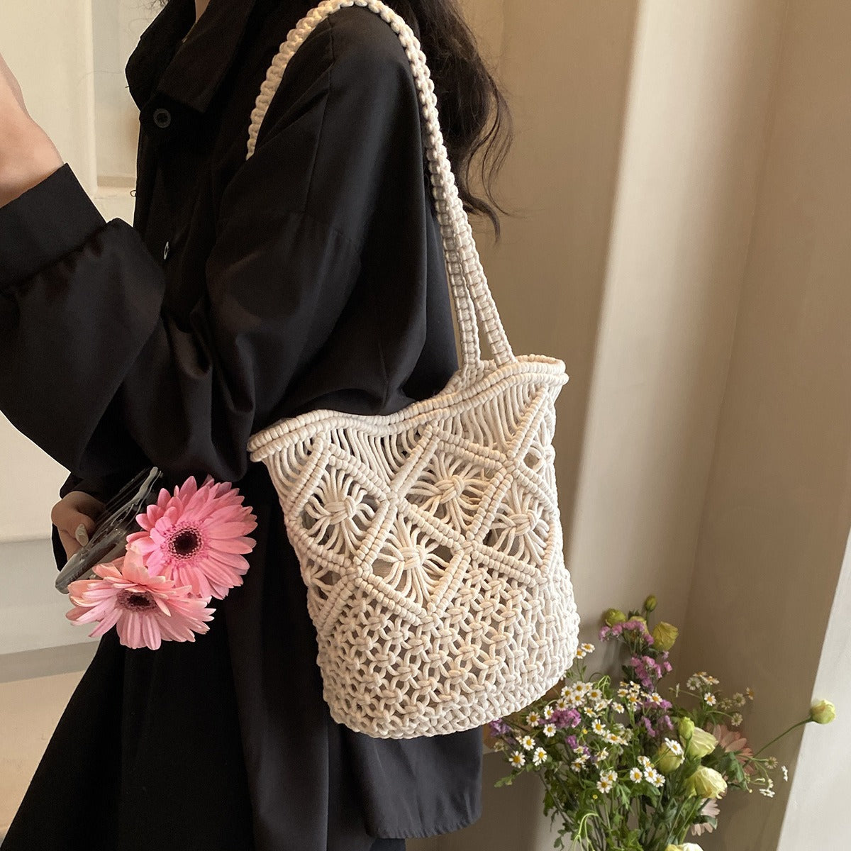 Women's Summer Knitted Fashion Trendy Hollow Out Bucket Bags