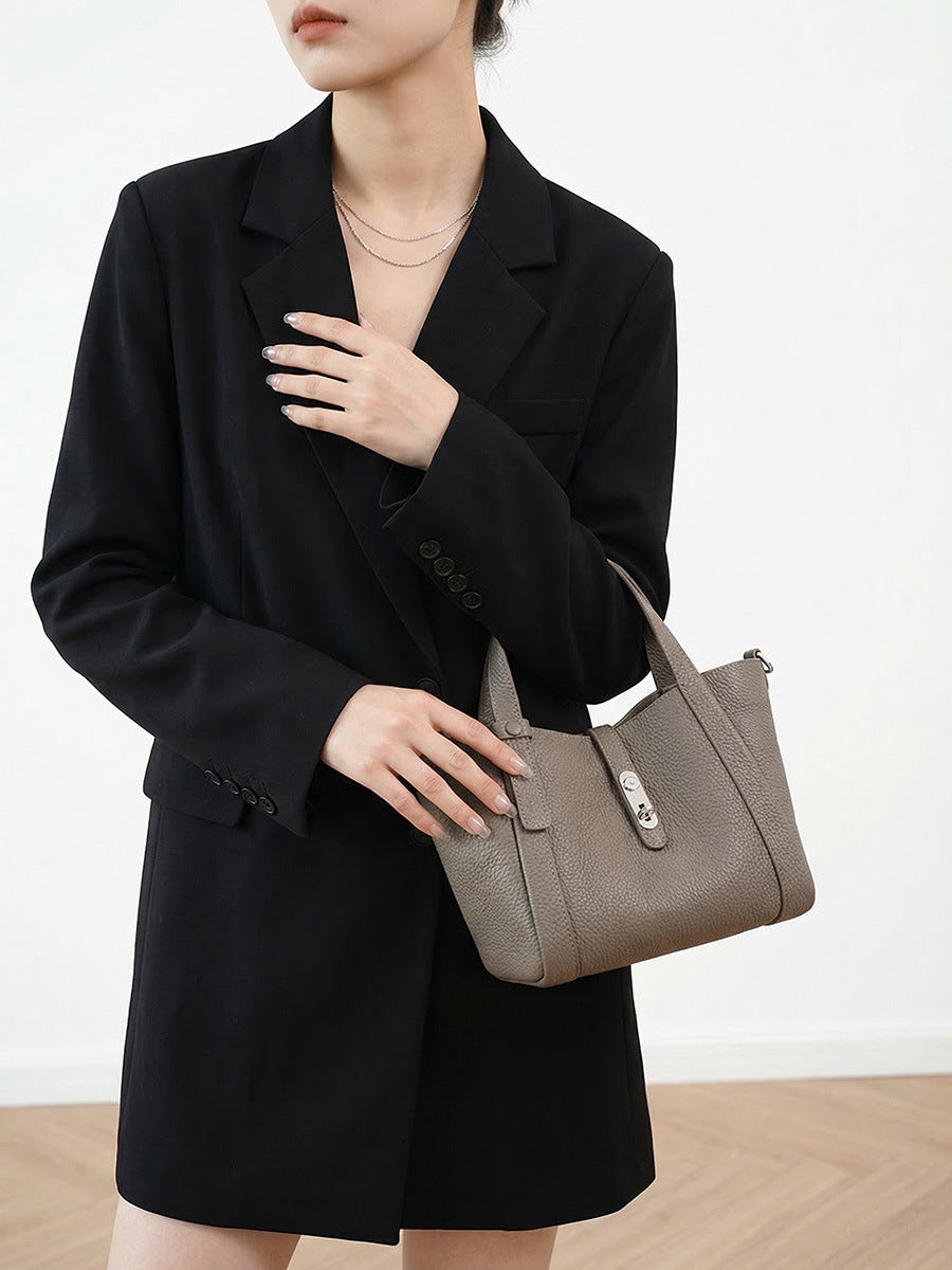 Women's Layer Cowhide Solid Color Soft Niche Lychee Pattern Bucket Bags