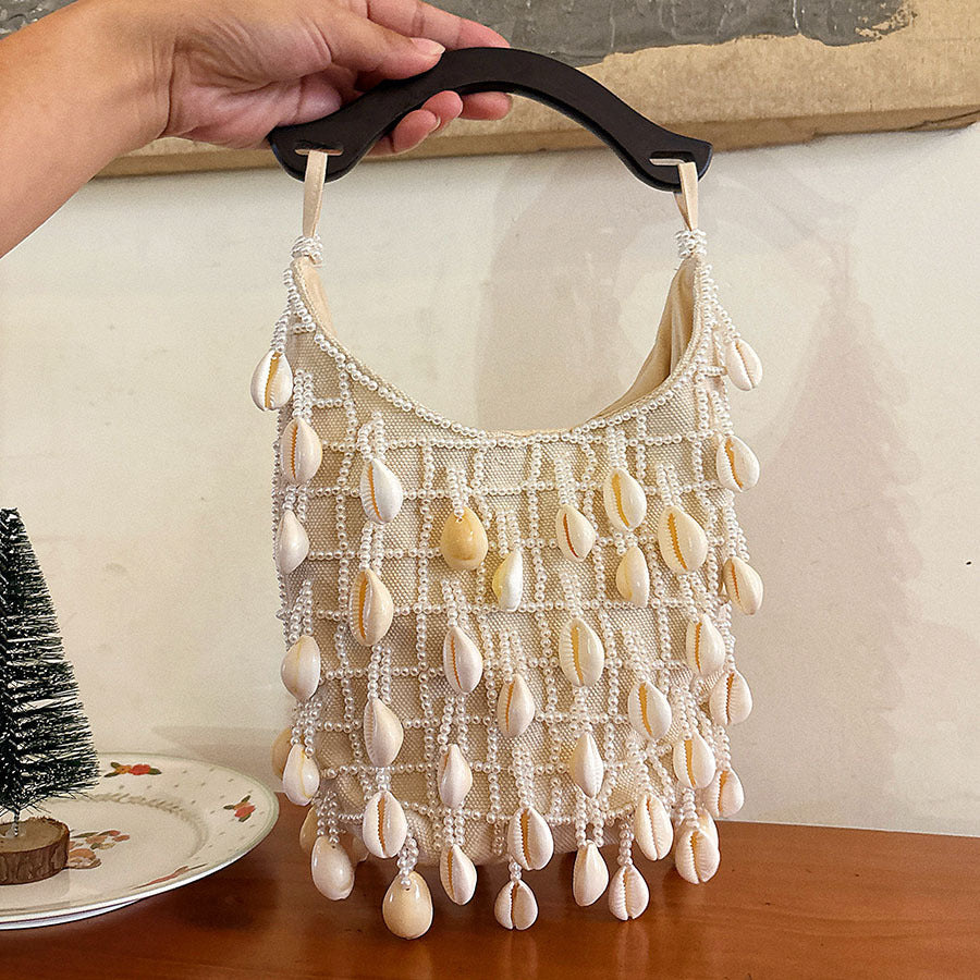 French Style Classic Cloud Shell Beaded Cream Women's Handbag