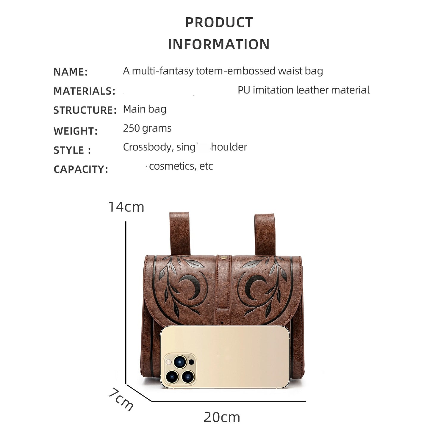 Fantasy Style Carved Leather Crescent Rattan Leaf Retro Decoration Equipment Women's Chest Bag, Fanny Pack