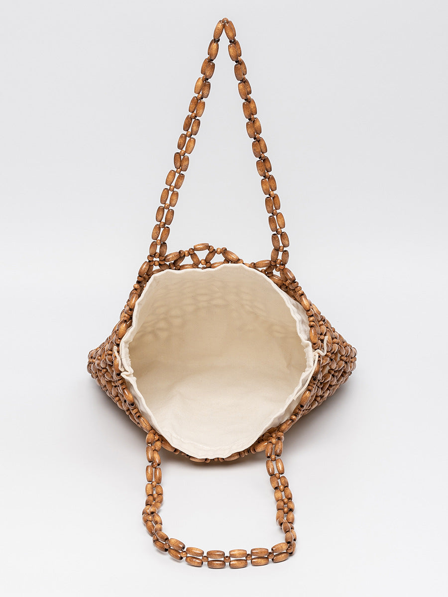 Women's With Wooden Beads Decoration Contrast Color Beaded Handmade Women's Shoulder Bag