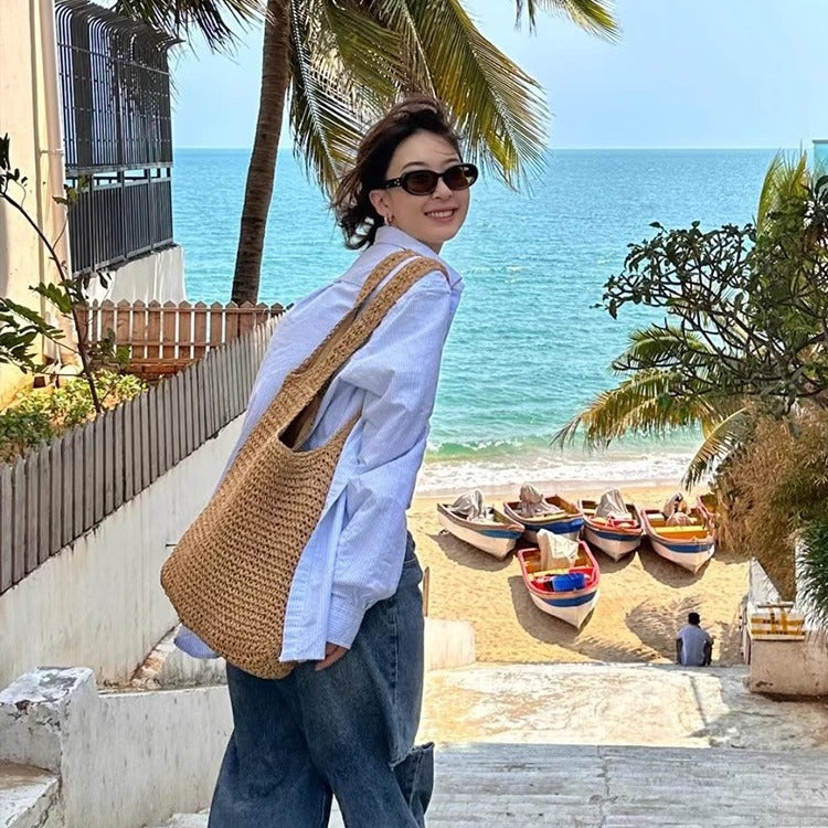 Women's Large Capacity Straw Summer Canvas Seaside Vacation Beach Tote Bag