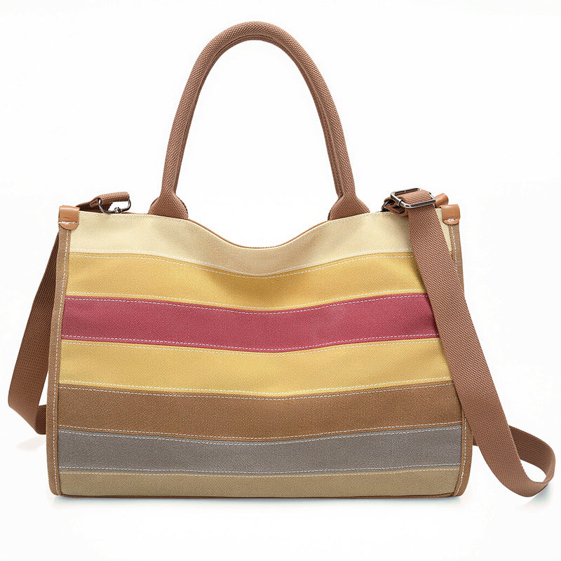 Women's Canvas Striped Large Vintage Fashion Stitching Tote Bag