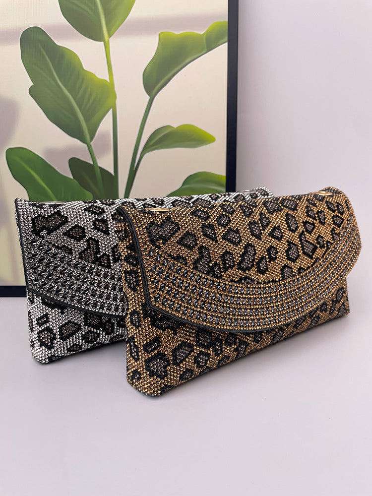 Women's Leopard Print Full Diamond Clutch Banquet Shoulder Bags