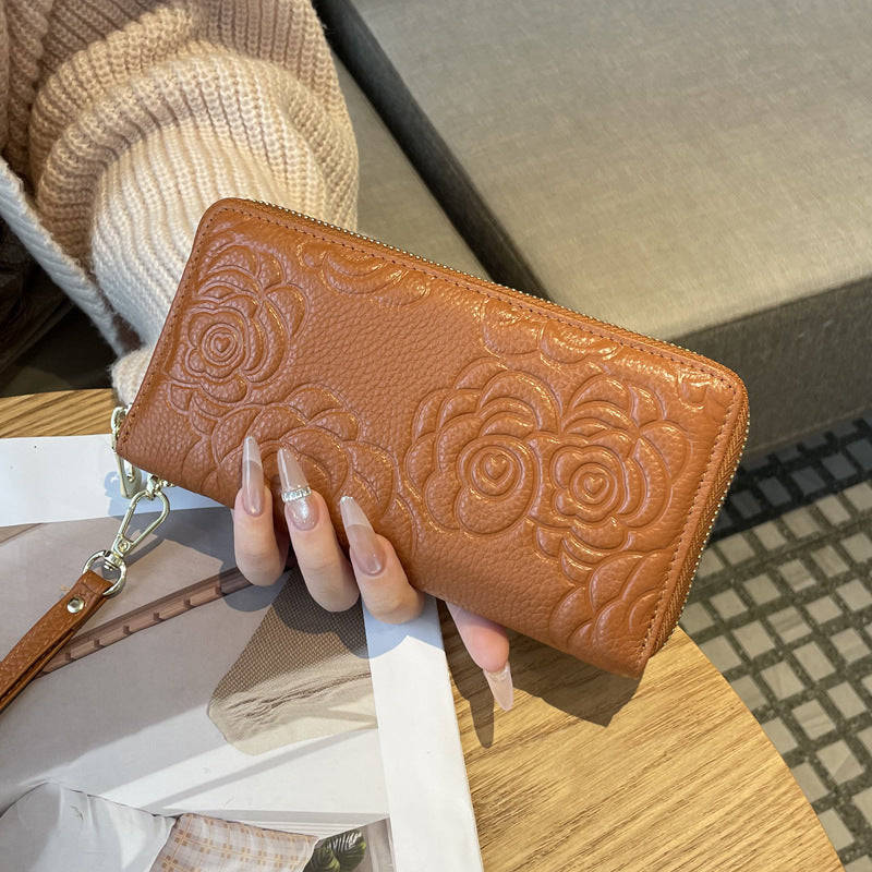 Women's Real Leather Long Single Zipper Fashion Camellia First Layer Ladies Wallet