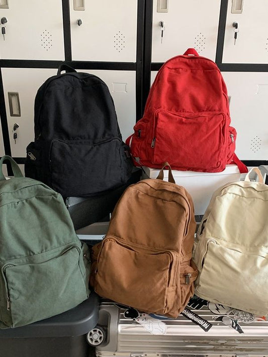 Washed Cloth Solid Color Retro Neutral Four Large Capacity Front Leisure Backpack