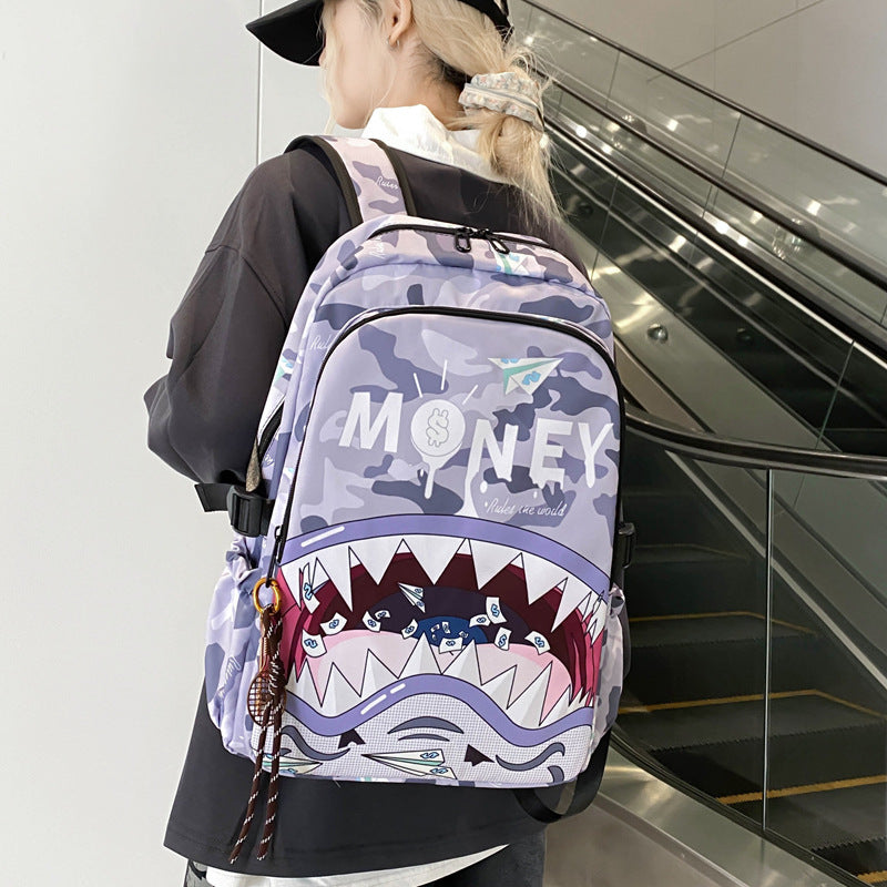 Shark Head Personality Cartoon Printed Early College Student Schoolbag