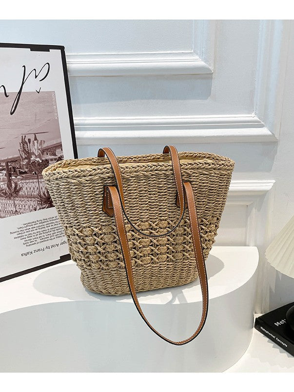 Women's Rainbow Striped Straw Woven Beach Vacation Large Women's Shoulder Bag