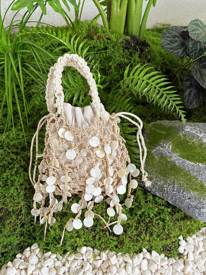 Woven Hollowed Beach Pastoral Vacation Style Shiny Sequin Portable Women's Handbag