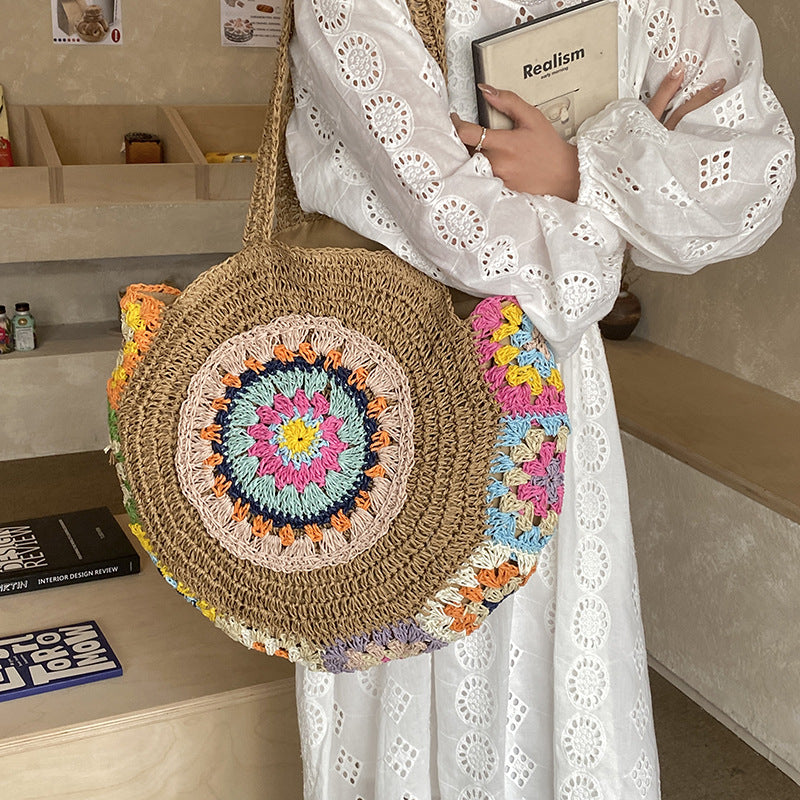 Ethnic Style Round Woven Large Capacity Pastoral Straw Shoulder Bags