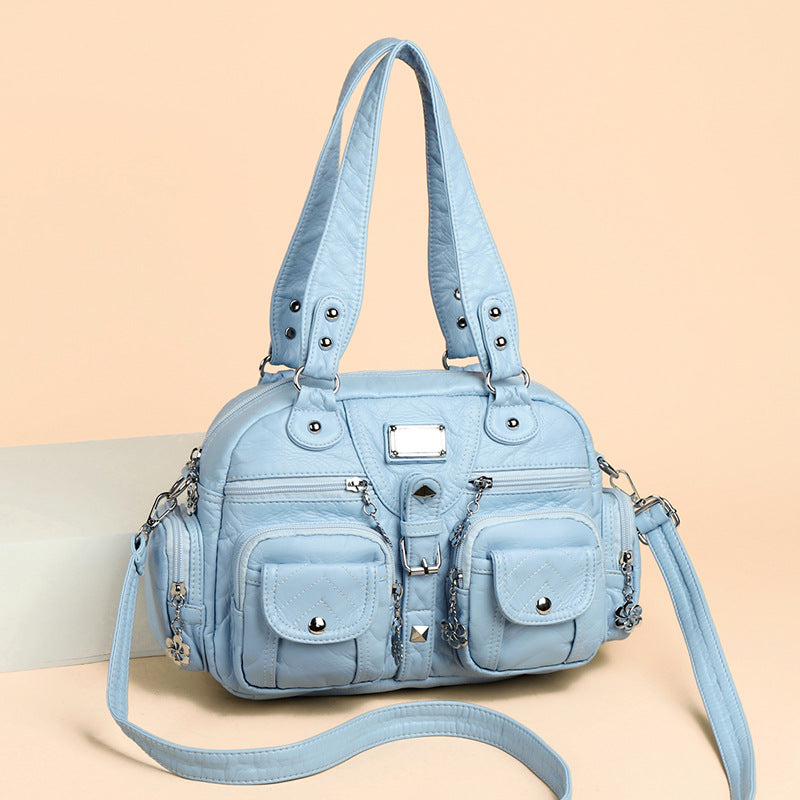 Elegant Sier Flower Real Washed Leather Smiling Women's Handbag