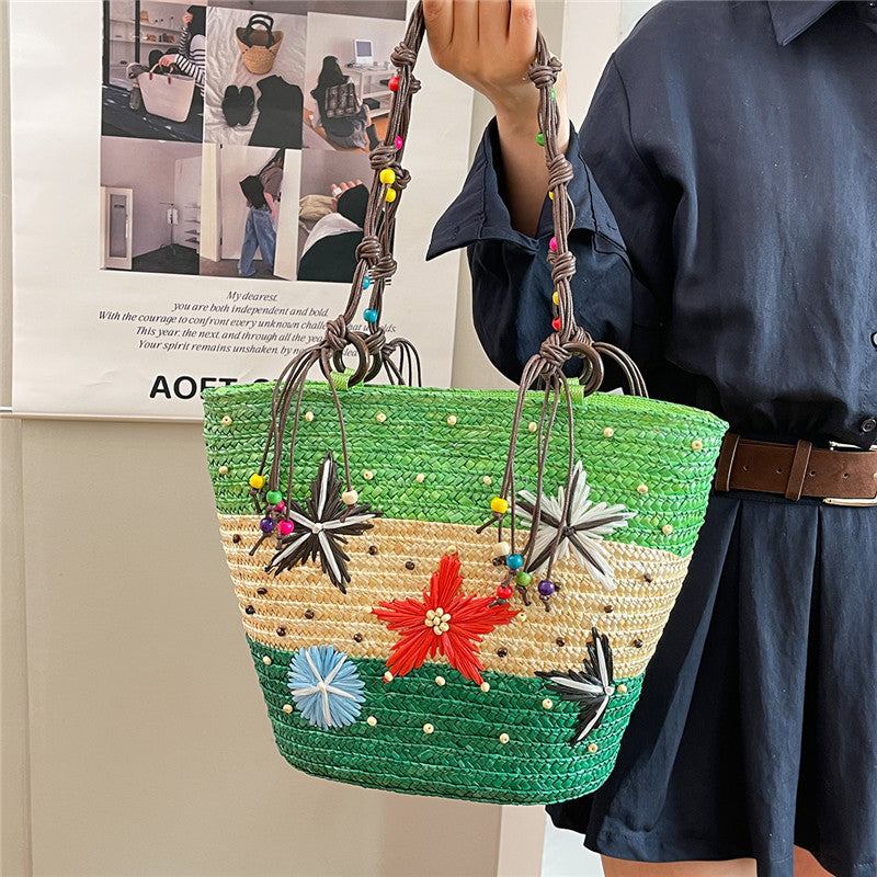 Women's Contrast Color Straw Beaded Weave Seaside Women's Shoulder Bag