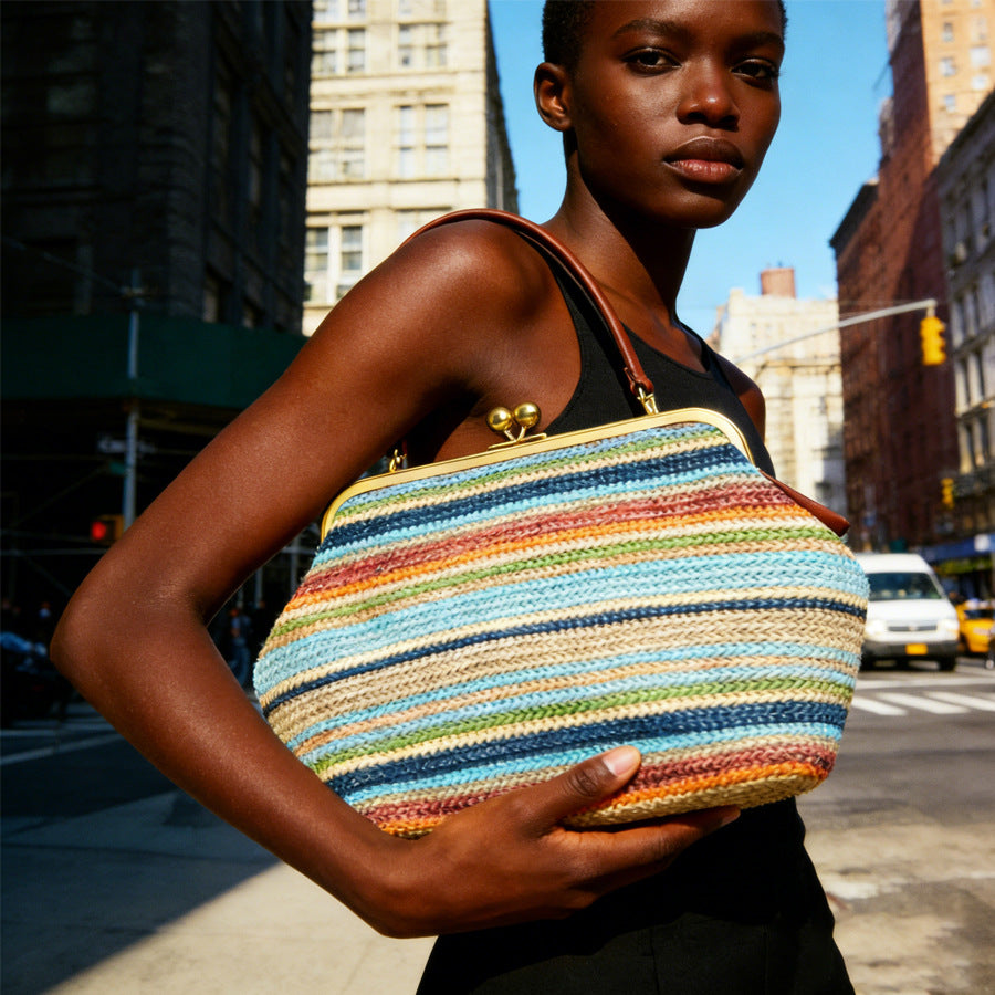 Women's Striped Kiss Straw Woven Clip Summer Women's Handbag