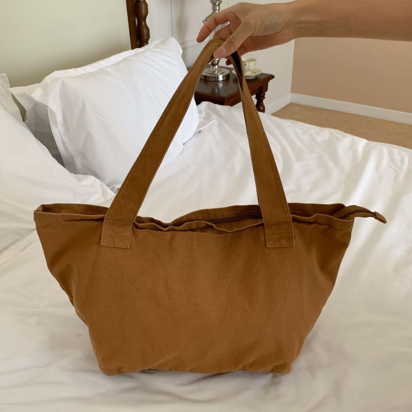 Large Capacity Simple Zipper Korean Style Washed Canvas Shoulder Bags