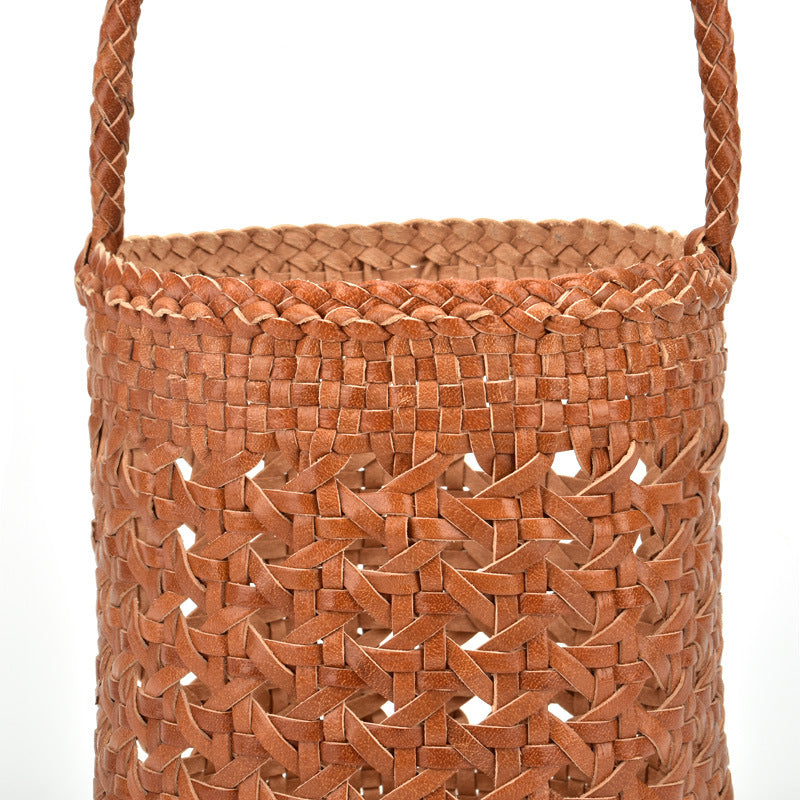 Authentic Leather Weave Vegetable Basket Layer Cowhide Hollow Women's Handbag