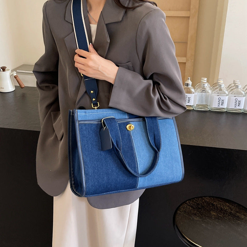 Women's Denim Fashion Color Contrast Stitching Large Women's Shoulder Bag