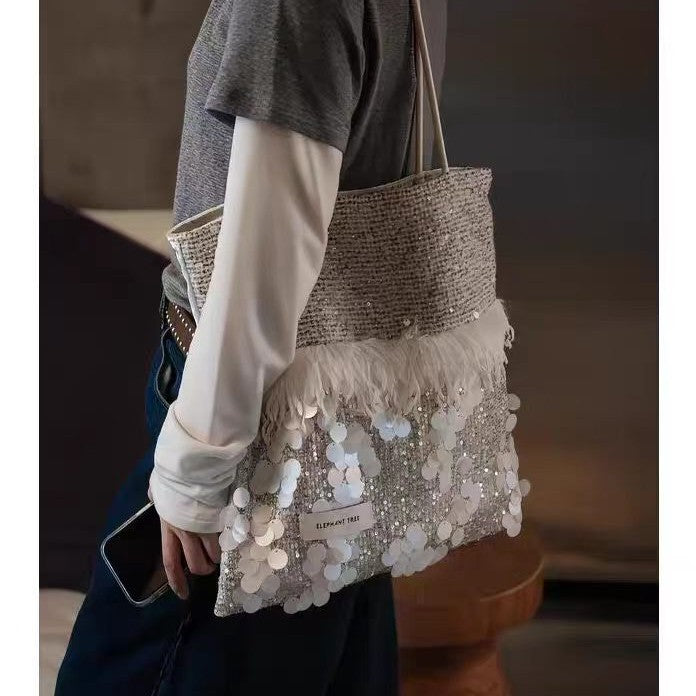 Commuter Sequined Large Capacity White Premium Design Light Shoulder Bags