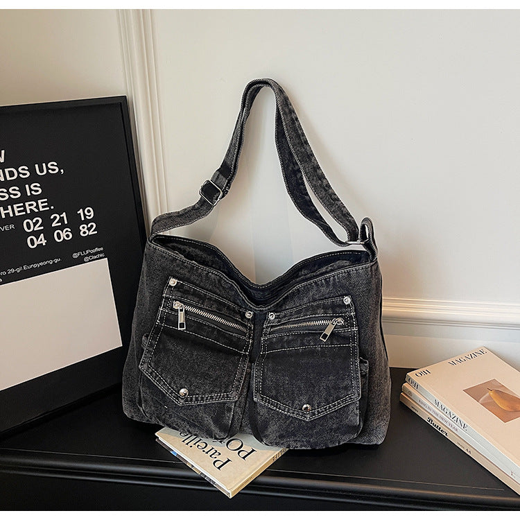 Minority Motorcycle Double Pocket Denim Female Large Tote Bag