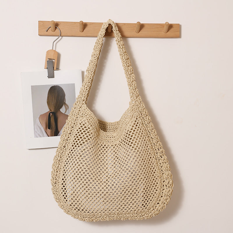 Women's Large Capacity Straw Hollow Solid Color Woven Seaside Vacation Style Women's Shoulder Bag