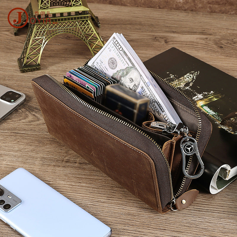 Men's Long Genuine Leather Zipper Multiple Slots Crazy Handbags