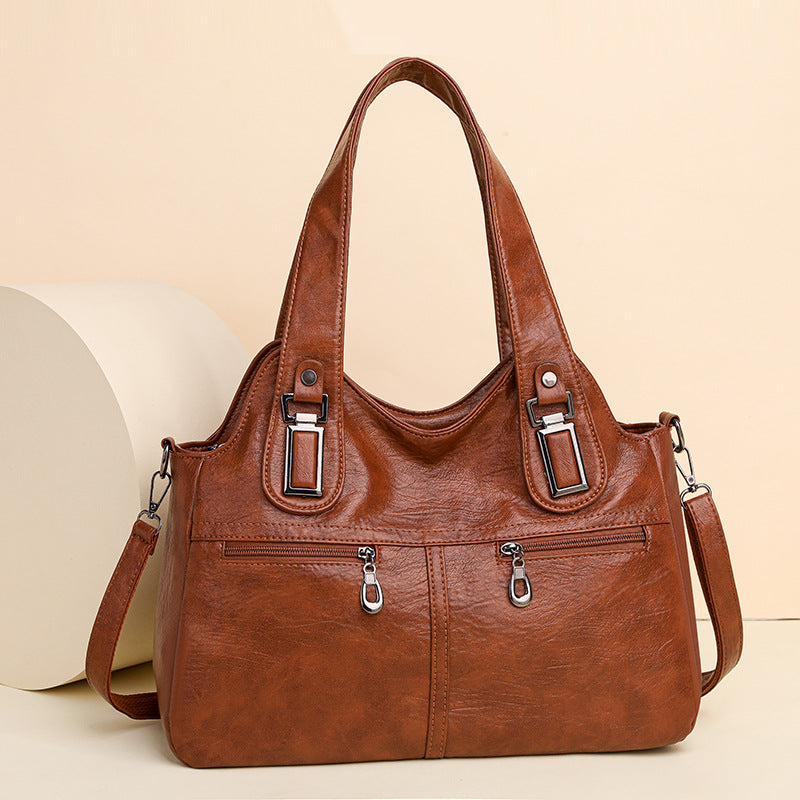 Women's Retro Large Capacity Oil Wax Leather Soft Pure Color Commuter Women's Shoulder Bag