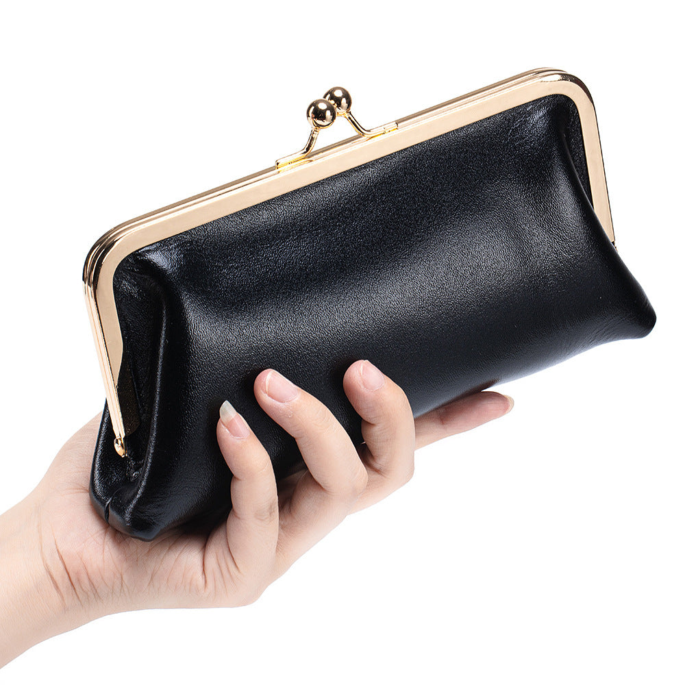 Women's Genuine Leather Retro Clip Long Simple Frame Storage Large Women's Clutch