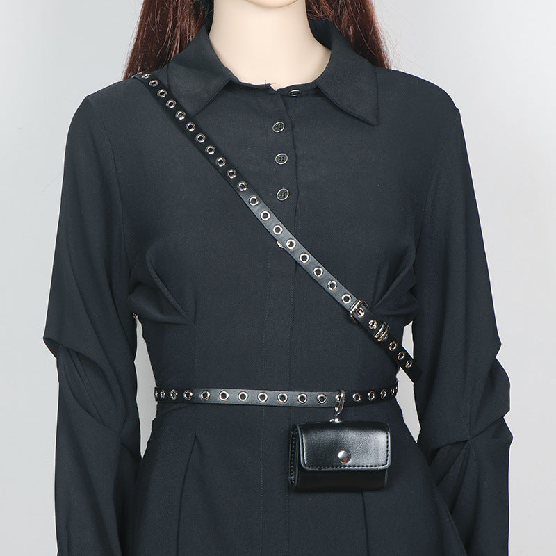 Korean Style Black Leather Dress Summer High Women's Chest Bag, Fanny Pack