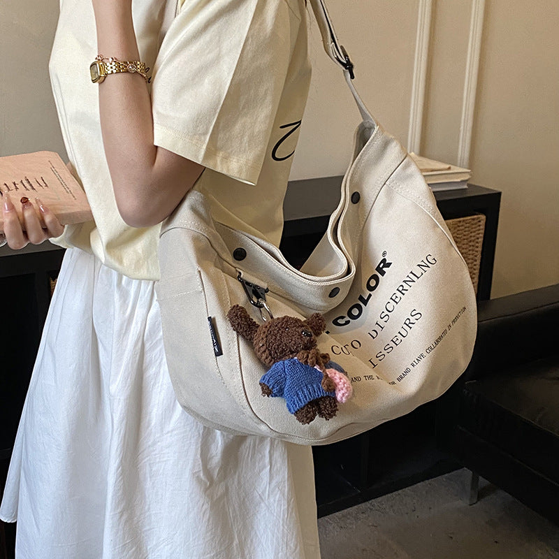 Khaki Korean Style Canvas Female Letter Retro Versatile Large Bags