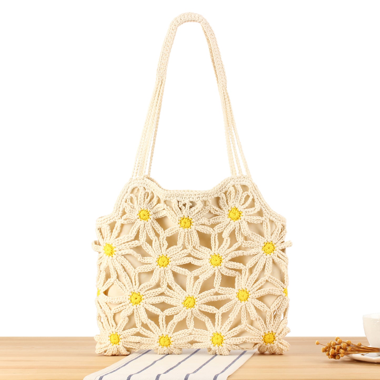 Women's Hand-woven Cotton String Hollow Flower Seaside Holiday Bags