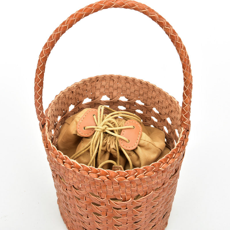 Authentic Leather Weave Vegetable Basket Layer Cowhide Hollow Women's Handbag