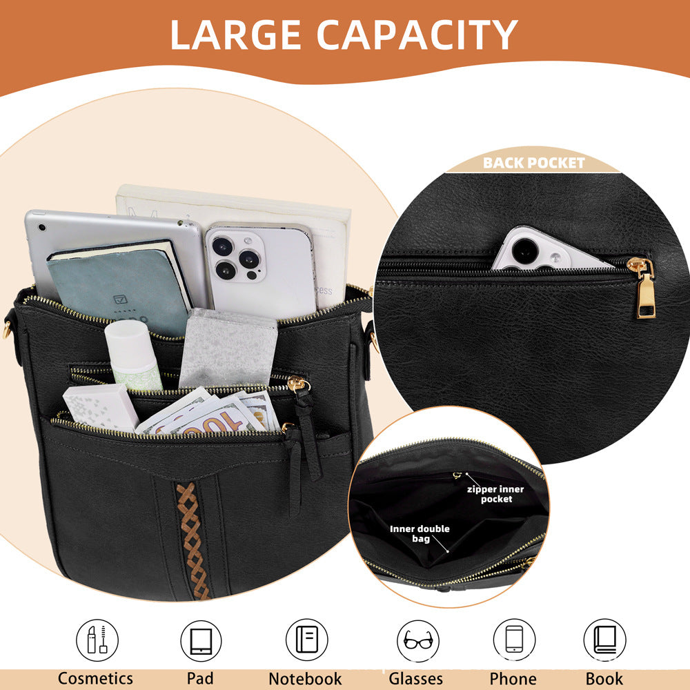 Women's Braid Rope Commuter Zipper Large Capacity Wide Women's Handbag