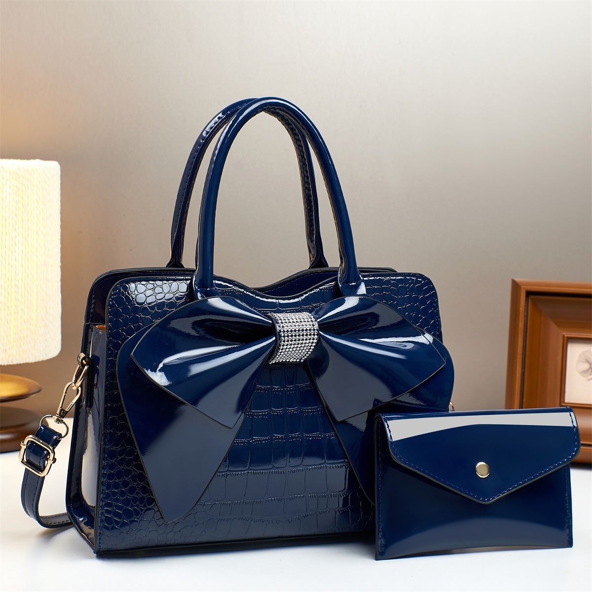 Fashion Crocodile Pattern Bow Patent Leather Bucket Bags