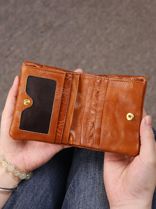 Women's Tanning Leather Classic Short For Handmade Genuine Multiple Slots Card Holder